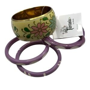 FANTASIA LA MODA FLORAL PASTEL MIXED BANGLE BRACELET SET YELLOW LAVENDER NEW